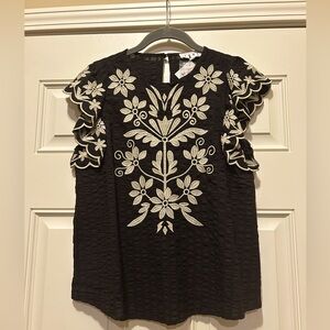 NWT THML Sleeveless Black Top with Cream Embroidery